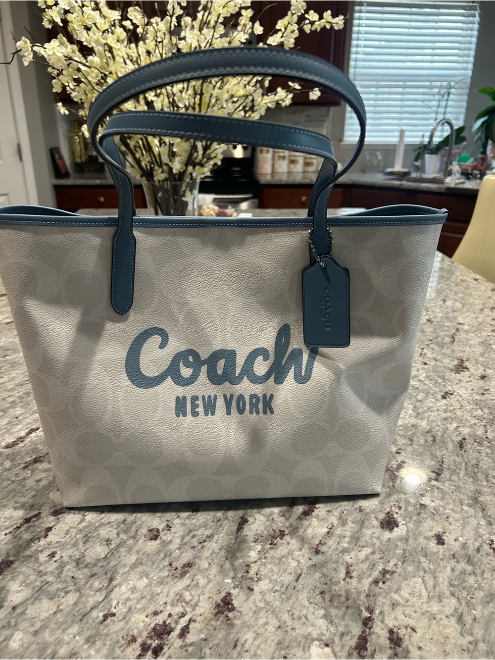 Coach White/Pale Grey/Blue Signature Tote with Blue Trim and Handles